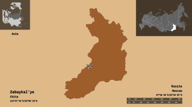 Zabaykal 'ye benziyor, Rusya toprakları ve başkenti. Uzaklık ölçeği, ön gösterimler ve etiketler. Düzenli desenli dokuların bileşimi. 3B görüntüleme