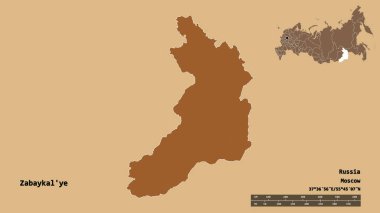 Rusya 'nın Zabaykal' ye bölgesi, başkenti sağlam arka planda izole edilmiş. Uzaklık ölçeği, bölge önizlemesi ve etiketleri. Düzenli desenli dokuların bileşimi. 3B görüntüleme