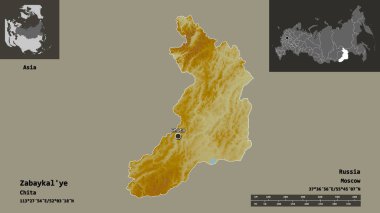 Zabaykal 'ye benziyor, Rusya toprakları ve başkenti. Uzaklık ölçeği, ön gösterimler ve etiketler. Topografik yardım haritası. 3B görüntüleme