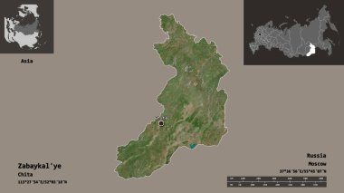 Zabaykal 'ye benziyor, Rusya toprakları ve başkenti. Uzaklık ölçeği, ön gösterimler ve etiketler. Uydu görüntüleri. 3B görüntüleme