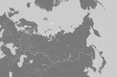 Rusya 'nın ülke sınırları, uluslararası ve bölgesel sınırları olan geniş bir bölgesi. Çift seviyeli yükseklik haritası. 3B görüntüleme