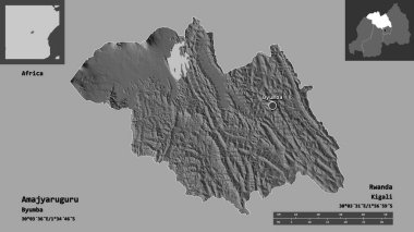 Amajyaruguru 'nun şekli, Ruanda ili ve başkenti. Uzaklık ölçeği, ön gösterimler ve etiketler. Çift seviyeli yükseklik haritası. 3B görüntüleme