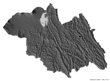 Başkenti beyaz arka planda izole edilmiş olan Ruanda ilinin Amajyaruguru şekli. Çift seviyeli yükseklik haritası. 3B görüntüleme