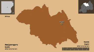 Amajyaruguru 'nun şekli, Ruanda ili ve başkenti. Uzaklık ölçeği, ön gösterimler ve etiketler. Düzenli desenli dokuların bileşimi. 3B görüntüleme