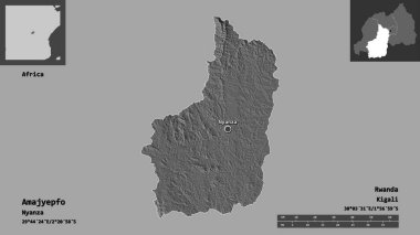 Amajyepfo, Ruanda ili ve başkenti. Uzaklık ölçeği, ön gösterimler ve etiketler. Çift seviyeli yükseklik haritası. 3B görüntüleme