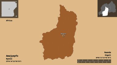 Amajyepfo, Ruanda ili ve başkenti. Uzaklık ölçeği, ön gösterimler ve etiketler. Düzenli desenli dokuların bileşimi. 3B görüntüleme