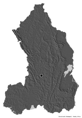 Ruanda 'nın Iburasirazuba eyaleti, başkenti beyaz arka planda izole edilmiştir. Çift seviyeli yükseklik haritası. 3B görüntüleme