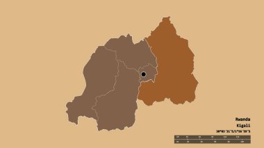 Başkenti, ana bölgesel bölümü ve ayrılan Iburasirazuba bölgesi ile Rwanda 'nın dejenere edilmiş şekli. Etiketler. Düzenli desenli dokuların bileşimi. 3B görüntüleme