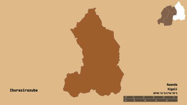 Ruanda 'nın Iburasirazuba eyaleti, başkenti sağlam bir zemin üzerinde izole edilmiştir. Uzaklık ölçeği, bölge önizlemesi ve etiketleri. Düzenli desenli dokuların bileşimi. 3B görüntüleme