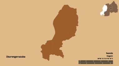 Ruanda 'nın Iburengerazuba eyaleti, başkenti sağlam bir zemin üzerinde izole edilmiştir. Uzaklık ölçeği, bölge önizlemesi ve etiketleri. Düzenli desenli dokuların bileşimi. 3B görüntüleme