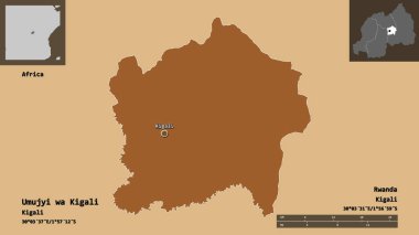 Ruanda vilayeti ve başkenti Umujyi wa Kigali 'nin şeklidir. Uzaklık ölçeği, ön gösterimler ve etiketler. Düzenli desenli dokuların bileşimi. 3B görüntüleme