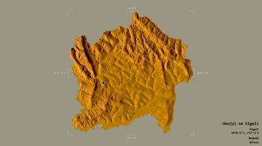 Umujyi wa Kigali bölgesi, Ruanda vilayeti, katı bir arka planda izole edilmiş bir sınır kutusunda. Etiketler. Topografik yardım haritası. 3B görüntüleme