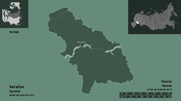 サラトフの形 ロシアの地域 およびその首都 距離スケール プレビューおよびラベル 色の標高マップ 3Dレンダリング — ストック写真