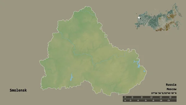 俄罗斯斯摩棱斯克地区的形状 其首都在坚实的背景下与世隔绝 距离尺度 区域预览和标签 地形浮雕图 3D渲染 — 图库照片