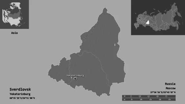 俄罗斯斯维尔德洛夫斯克地区的形状及其首都 距离刻度 预览和标签 Bilevel高程图 3D渲染 — 图库照片