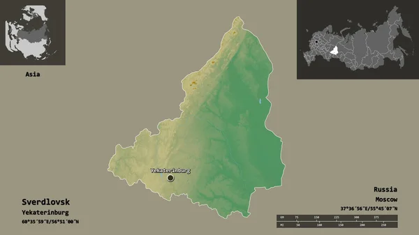 Shape of Sverdlovsk, region of Russia, and its capital. Distance scale, previews and labels. Topographic relief map. 3D rendering