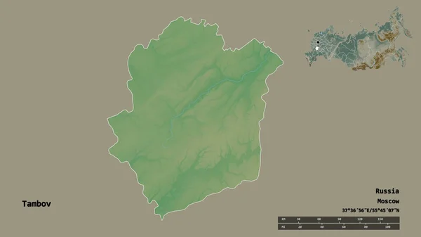 ロシアの領域であるタンボフの形は その資本がしっかりとした背景に隔離されています 距離スケール リージョンプレビュー およびラベル 地形図 3Dレンダリング — ストック写真