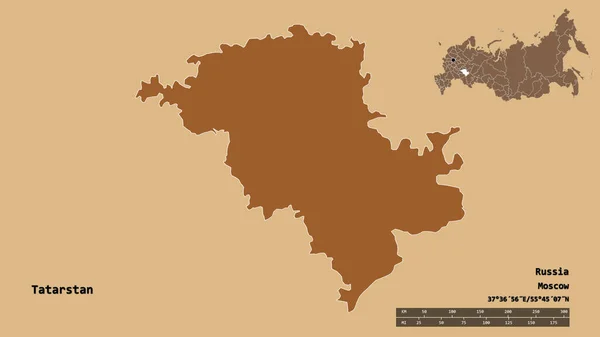 ロシアのタタールスタン共和国の形は その首都はしっかりとした背景に隔離されています 距離スケール リージョンプレビュー およびラベル 規則的にパターン化されたテクスチャの構成 3Dレンダリング — ストック写真
