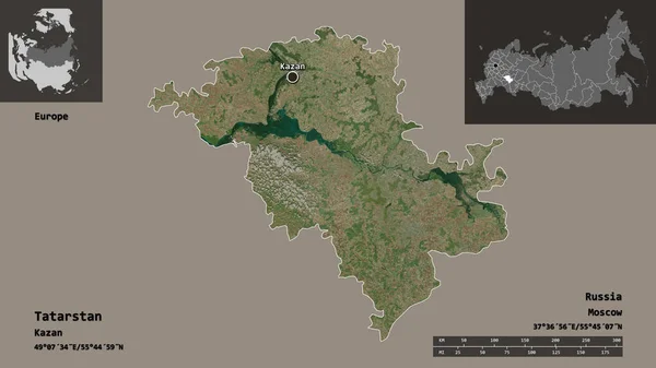 鞑靼斯坦的形状 俄罗斯的共和国 及其首都 距离刻度 预览和标签 卫星图像 3D渲染 — 图库照片