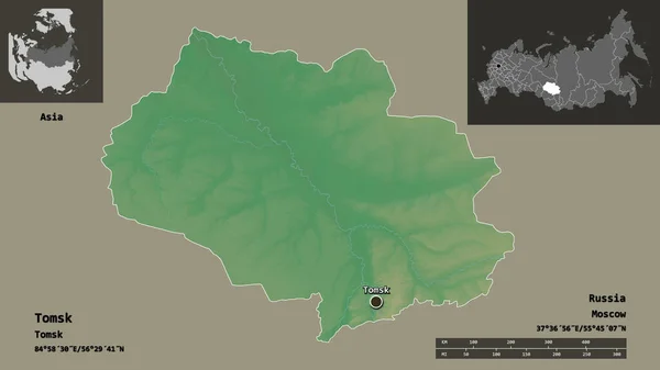 トムスクの形 ロシアの地域 およびその首都 距離スケール プレビューおよびラベル 地形図 3Dレンダリング — ストック写真