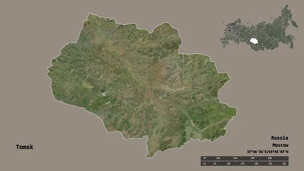 ロシアの領域であるトムスクの形で その資本はしっかりとした背景に隔離されています 距離スケール リージョンプレビュー およびラベル 衛星画像 3Dレンダリング — ストック写真