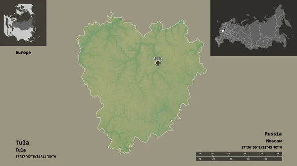 图拉的形状 俄罗斯的地区 和它的首都 距离刻度 预览和标签 地形浮雕图 3D渲染 — 图库照片