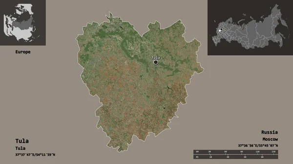 图拉的形状 俄罗斯的地区 和它的首都 距离刻度 预览和标签 卫星图像 3D渲染 — 图库照片