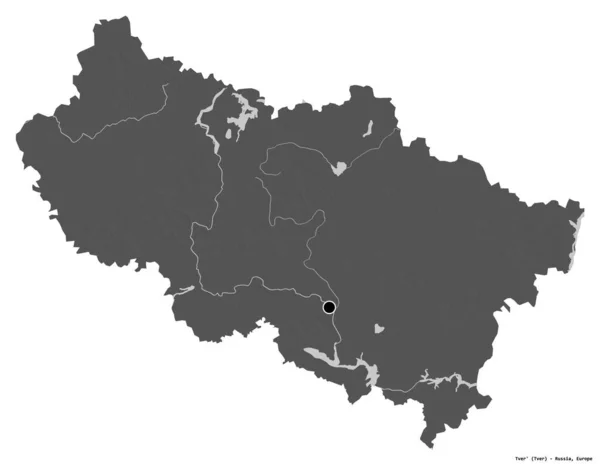 俄罗斯特维尔区的形状 其首都被白色背景隔离 Bilevel高程图 3D渲染 — 图库照片