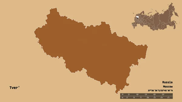 俄罗斯特维尔区的形状 其首都在坚实的背景下与世隔绝 距离尺度 区域预览和标签 有规律的纹理的组成 3D渲染 — 图库照片