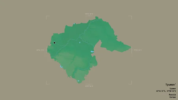 ロシアの地域であるTyumen 地域は 洗練された境界ボックス内の強固な背景に隔離されています ラベル 地形図 3Dレンダリング — ストック写真