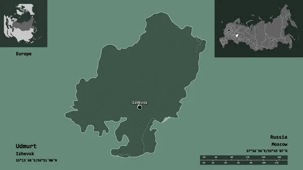 ウドムルトの形 ロシア共和国とその首都 距離スケール プレビューおよびラベル 色の標高マップ 3Dレンダリング — ストック写真