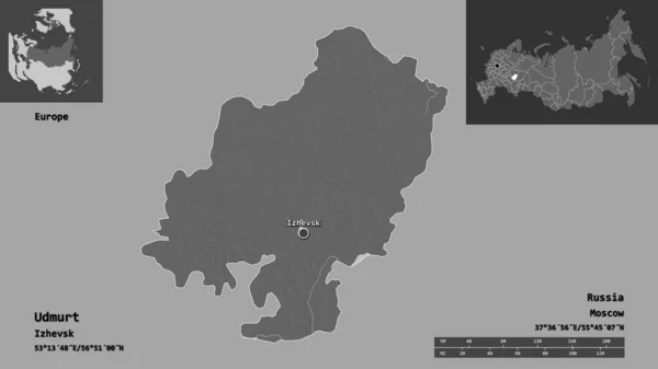 ウドムルトの形 ロシア共和国とその首都 距離スケール プレビューおよびラベル 標高マップ 3Dレンダリング — ストック写真