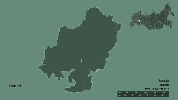 ロシア共和国ウドムルトの形で その首都はしっかりとした背景に隔離されています 距離スケール リージョンプレビュー およびラベル 色の標高マップ 3Dレンダリング — ストック写真