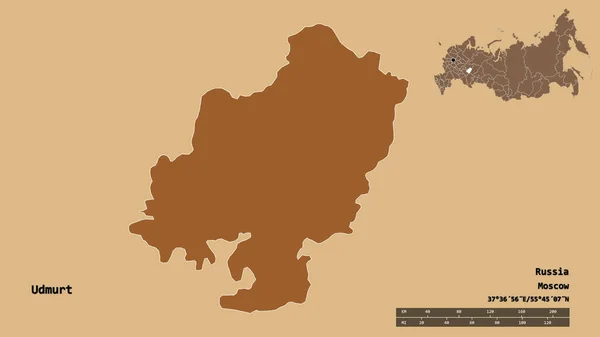 俄联邦共和国乌德穆特的形状 其首都在坚实的背景下与世隔绝 距离尺度 区域预览和标签 有规律的纹理的组成 3D渲染 — 图库照片