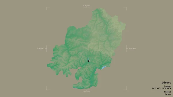 ロシア共和国ウドムルトの地域は 洗練された境界の箱の中の強固な背景に隔離されています ラベル 地形図 3Dレンダリング — ストック写真