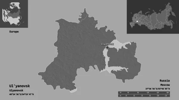 俄罗斯Ul Yanovsk地区的形状及其首都 距离刻度 预览和标签 Bilevel高程图 3D渲染 — 图库照片
