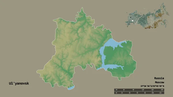 ロシアの地域であるウリヤノフスクの形は その資本がしっかりとした背景に隔離されています 距離スケール リージョンプレビュー およびラベル 地形図 3Dレンダリング — ストック写真