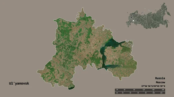 ロシアの地域であるウリヤノフスクの形は その資本がしっかりとした背景に隔離されています 距離スケール リージョンプレビュー およびラベル 衛星画像 3Dレンダリング — ストック写真