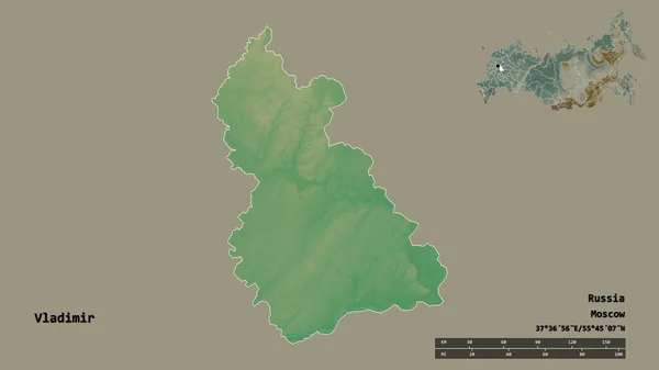 Shape of Vladimir, region of Russia, with its capital isolated on solid background. Distance scale, region preview and labels. Topographic relief map. 3D rendering