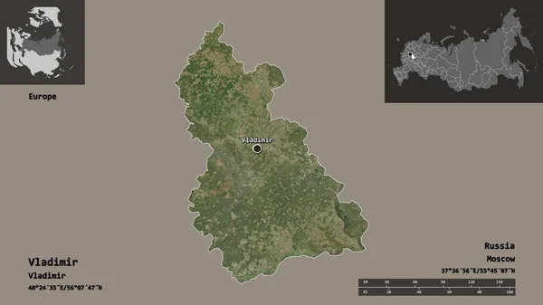 ウラジーミル ロシアの領域 およびその首都の形状 距離スケール プレビューおよびラベル 衛星画像 3Dレンダリング — ストック写真