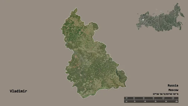 Shape of Vladimir, region of Russia, with its capital isolated on solid background. Distance scale, region preview and labels. Satellite imagery. 3D rendering