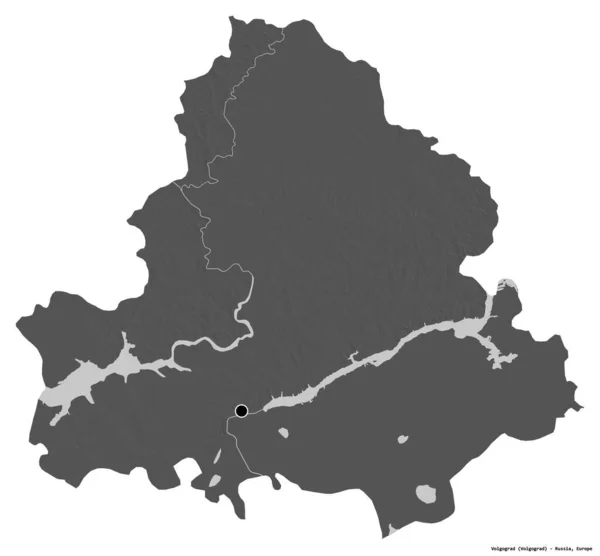 ロシアの地域であるヴォルゴグラードの形で その首都は白い背景に孤立しています 標高マップ 3Dレンダリング — ストック写真