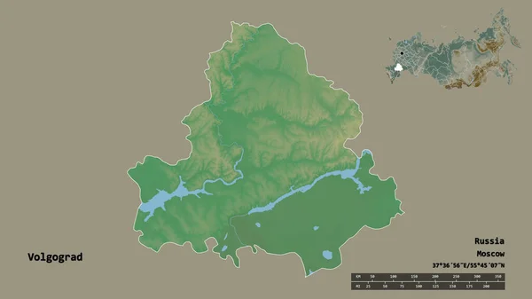 ロシアの地域であるヴォルゴグラードの形で その首都はしっかりとした背景に隔離されています 距離スケール リージョンプレビュー およびラベル 地形図 3Dレンダリング — ストック写真