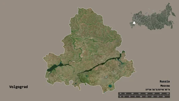 俄罗斯伏尔加格勒的形状 其首都在坚实的背景下与世隔绝 距离尺度 区域预览和标签 卫星图像 3D渲染 — 图库照片