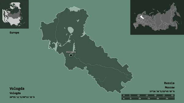 俄罗斯Vologda的形状和它的首都 距离刻度 预览和标签 彩色高程图 3D渲染 — 图库照片