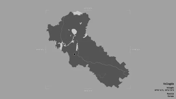 ロシアの地域であるヴォルダの地域は 洗練された境界の箱の中の強固な背景に隔離されています ラベル 標高マップ 3Dレンダリング — ストック写真