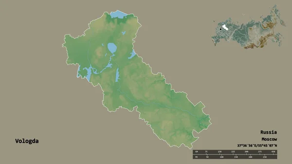 俄罗斯Vologda地区的形状 其首都在坚实的背景下与世隔绝 距离尺度 区域预览和标签 地形浮雕图 3D渲染 — 图库照片