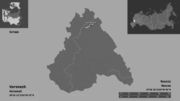 ヴォロネジの形状 ロシアの地域 およびその首都 距離スケール プレビューおよびラベル 標高マップ 3Dレンダリング — ストック写真