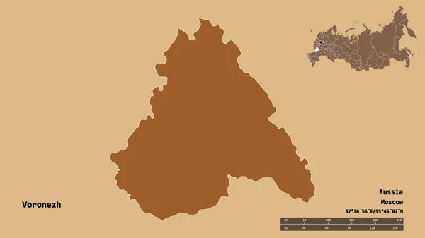 俄罗斯沃罗涅日地区的形状 其首都在坚实的背景下与世隔绝 距离尺度 区域预览和标签 有规律的纹理的组成 3D渲染 — 图库照片