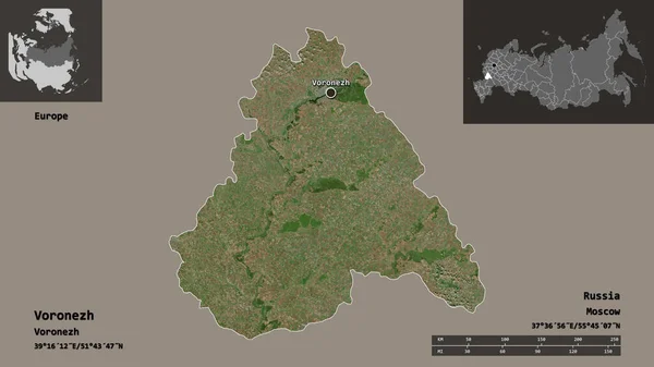 ヴォロネジの形状 ロシアの地域 およびその首都 距離スケール プレビューおよびラベル 衛星画像 3Dレンダリング — ストック写真
